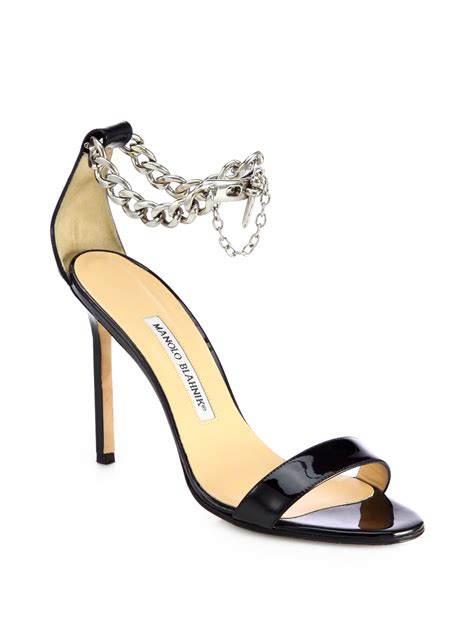 Lyst Manolo Blahnik Chaos Patent Leather Ankle Chain Sandals In Metallic