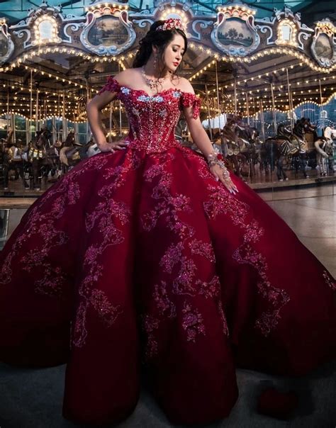 Princess Quinceanera Dresses Sweet 16 Beaded Dark Red Lace Applique