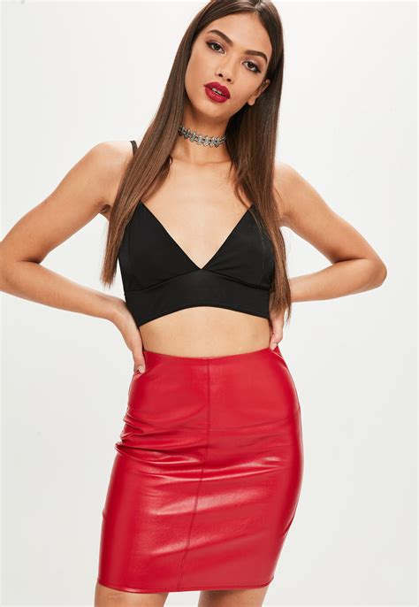 lyst missguided tall red faux leather skirt in red
