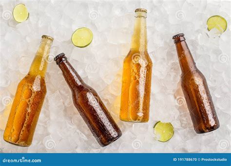 Various Beers Chilled For Party Cold Glass Bottles With Beer In Ice