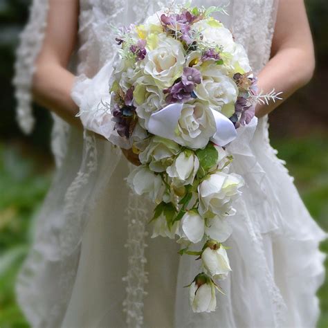 ivory purple cascading bridal bouquets de mariage roses orchid artificial silk flower handmade