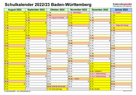 Schulkalender 2022/2023 Baden-Württemberg für PDF