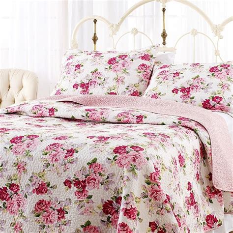 Beautiful Pink Rose Floral Quilt Set Victorian Cottage Bedspread Comforter Chic Chic Bedding
