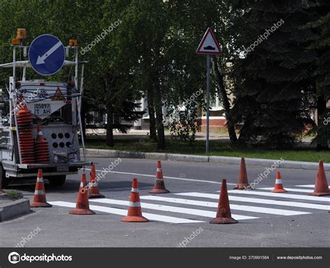 White Traffic Markings Pedestrian Crossing Gray Asphalt Stock Photo By