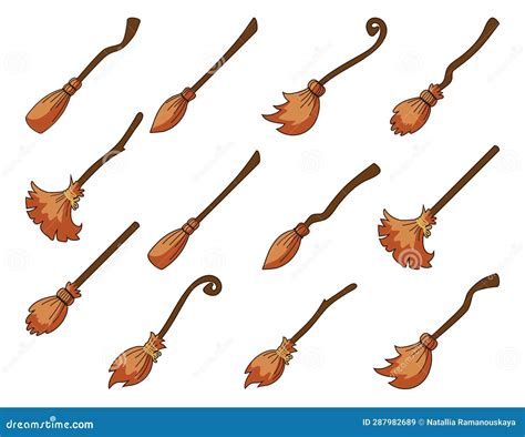 Witch Brooms Magic Broom Illustration Set Isolated On White Background