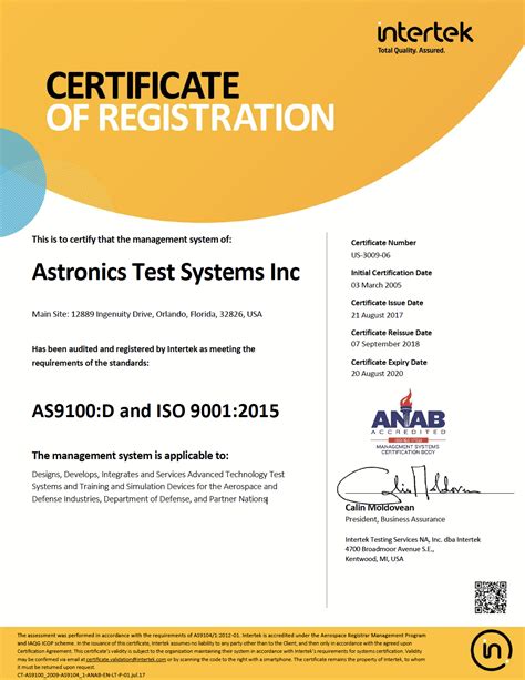 As9100d And Iso 90012015 Certificate Astronics Test Systems