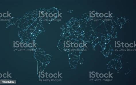 Polygonal World Map Vector Simplified To Triangular Lines With Stars On