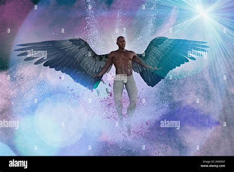 Man With Angel Wings Flying In Purple Sky Stock Photo Alamy