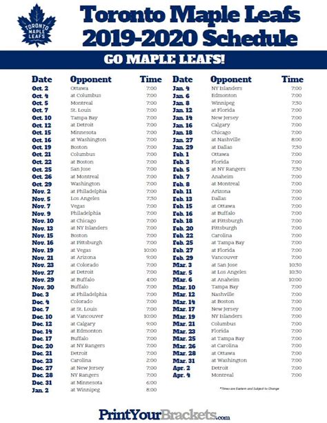 Printable Toronto Maple Leafs Hockey Schedule 2019 2020 Maple Leafs