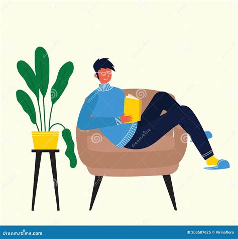 Vector Cartoon Young Man Reader Male Student Character Sitting In