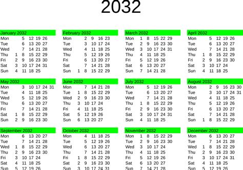 Year 2032 Calendar In English 24310384 Vector Art At Vecteezy