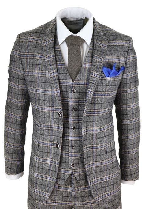 mens 3 piece tweed check suit herringbone vintage smart etsy