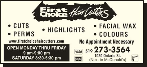 First Choice Haircutters Opening Hours 6 1020 Ontario St Stratford On