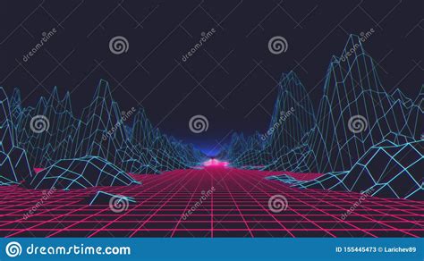 Retro Futuristic Background 1980s Style Digital Landscape In A Cyber