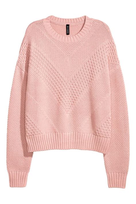 Light Pink Textured Knit Sweater In Cotton Blend Fabric Dropped Shoulders And Ribbing At