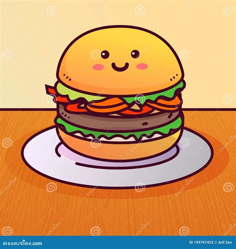 Fast Food Hamburger Funny Cute Burger Drawn With A Smile And Eyes
