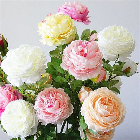 3 heads artificial rose peony flower branch with leaves silk flores
