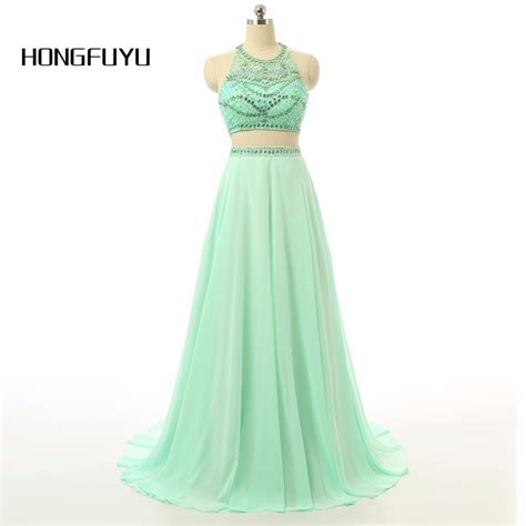 Hongfuyu O Neck A Line Chiffon Beaded Mint Green Two Piece Prom Dresses Long 2018 Vestidos De