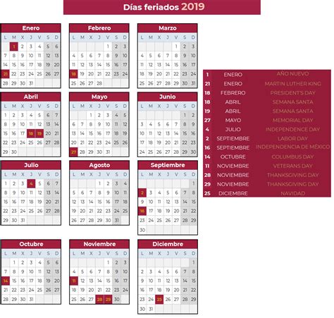 Calendario De Días De Asueto 2019