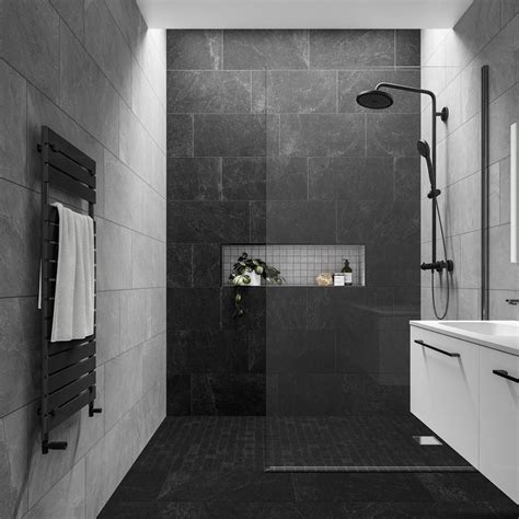 Slate Rock Grey 300x600 Black Tile Bathrooms Modern Bathroom Design