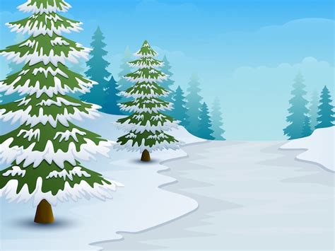Premium Vector Cartoon Of Winter Landscape With Snowy Ground And Fir
