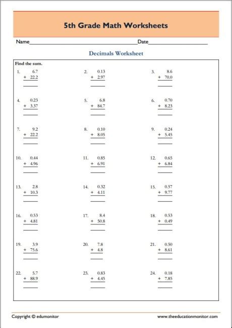 Each fifth grade math worksheet is a pdf printable with an answer key attached. 5th Grade Math Worksheets for Free Download - pdf - EduMonitor