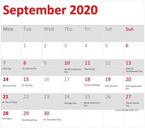 September 2020 Calendar With Federal Holidays Pdf