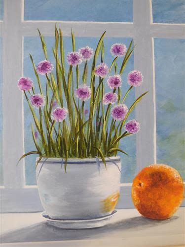 A Painting Of Flowers In A Pot Next To An Orange On A Window Sill