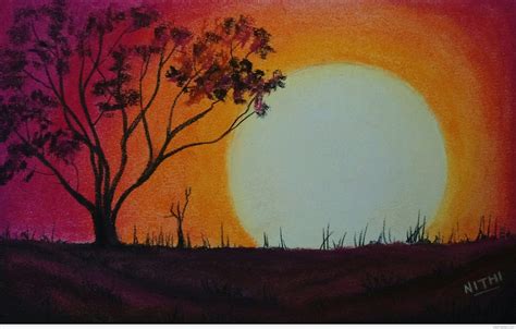 Sunset Colour Pencil Drawing Landscape Easy Bestpencildrawing