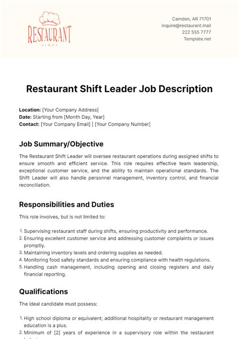Restaurant Shift Leader Job Description Template - Edit Online