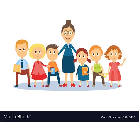 Cartoon Teacher Standing With Students Pupils Vector Image