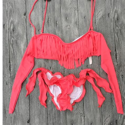 Women Tassel Bra Bikini Red Swimsuits Sport Fringe Top Swimwear Beachwear Thong Cheeky Bottom