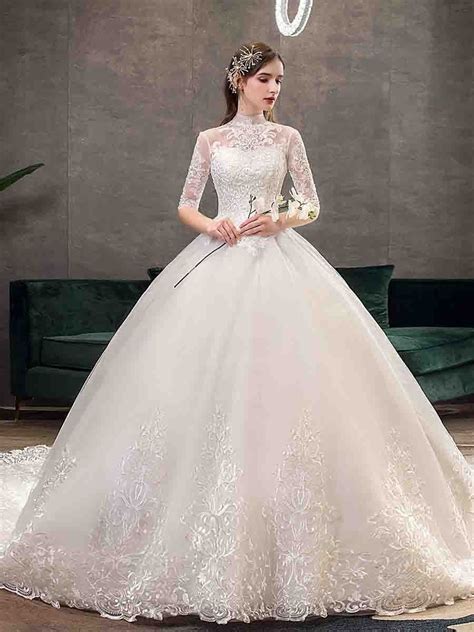 Womens Wedding Dress Turtleneck Half Sleeve Lace Solid Color Appliqu