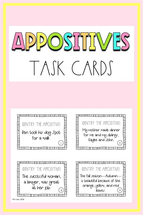 Appositives Grammar Task Cards Grades 6 12 Grammar Task Cards Task