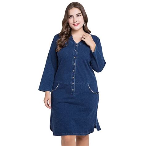Wipalo Women Plus Size Denim Dress With Pockets V Neck Long Sleeve Knee Length Buttons Casual