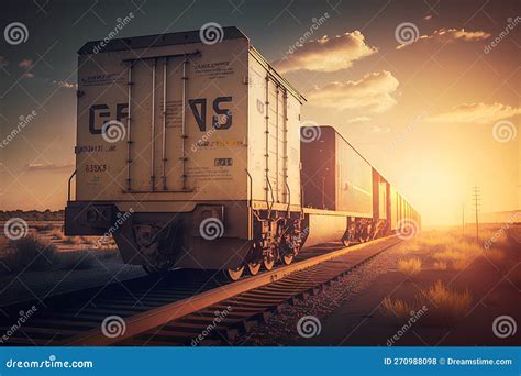 Plataforma De Tren De Carga Al Atardecer Con Contenedor Stock De