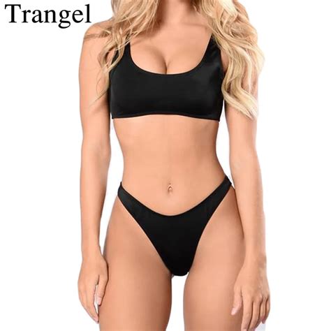 Trangel 2018 Bikinis Sexy High Cut Swimwear Women Black Solid Color