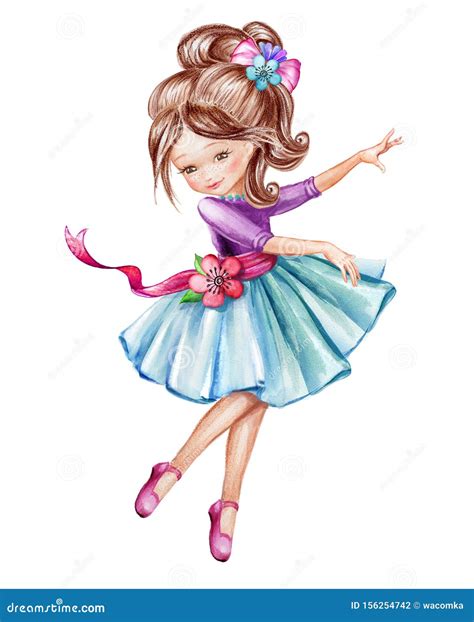 Watercolor Illustration Cute Little Ballerina Young Girl In Blue