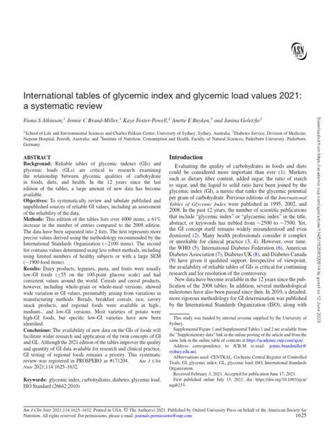 International Tables Of Glycemic Index And Glycemic Load Values 2021 A