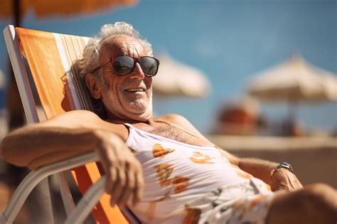 Turista idoso a tomar banho de sol no solário no mar durante o dia com