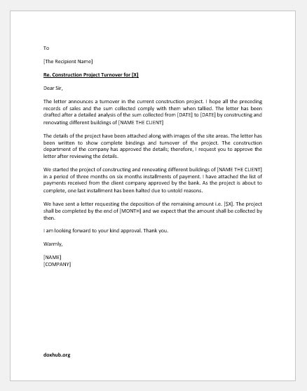 Construction Project Turnover Letter Document Hub Letter Of