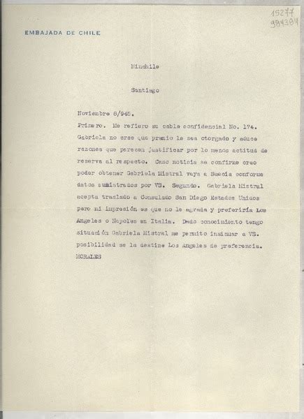 Carta 1945 nov 8 Brasil a MinChile Santiago manuscrito Raúl