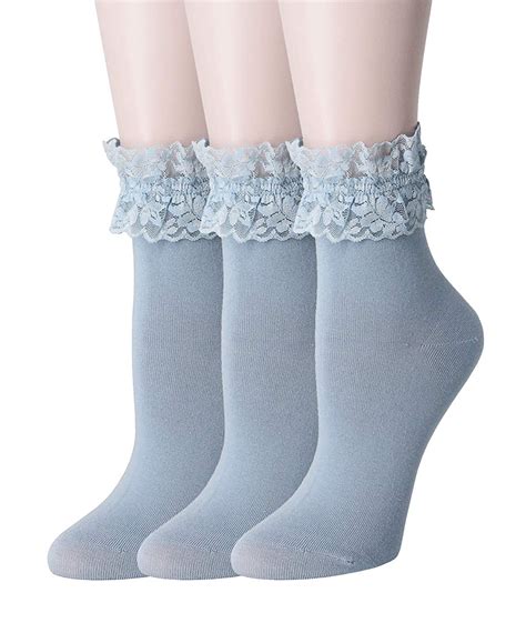 Women Lace Ruffle Frilly Ankle Socks Fashion Ladies Girl Princess H04 Light Blue 3 Pairs