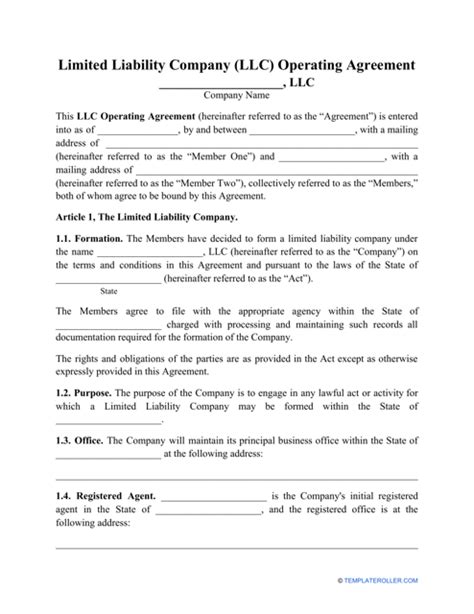 Limited Liability Company Llc Operating Agreement Template Fill Out