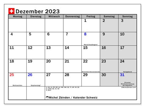 Kalender Dezember 2023 Zum Ausdrucken “schweiz” Michel Zbinden Ch