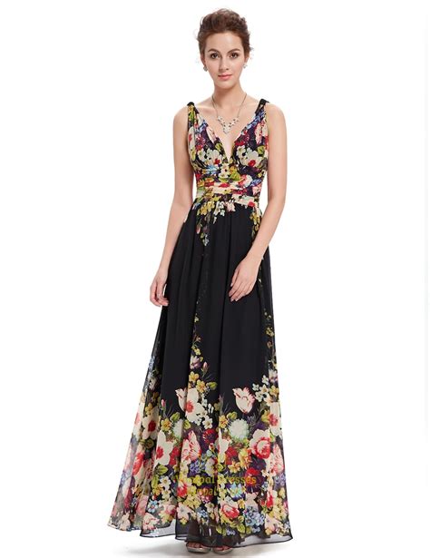 Black Deep V Neck Floral Print Long Chiffon Prom Dresses Vampal Dresses