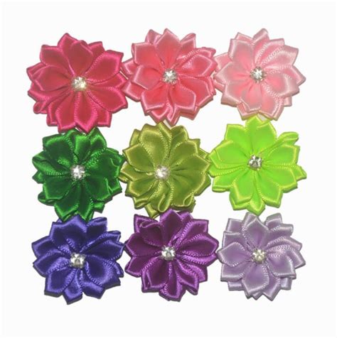 satin ribbon flowers with rhinestone multilayers fabric flowers appliques accessories sewing