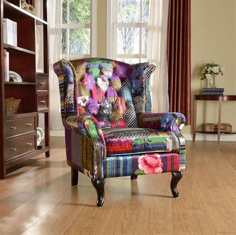 Anna Scroll Chesterfield Wingback Luxury Patchwork Fabric Chair