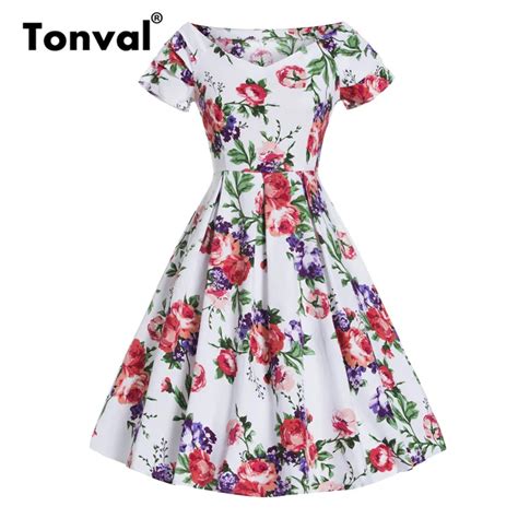 Tonval Vintage White With Flower Elegant Pleated Dress Women Pin Up Floral Party Sexy Dress