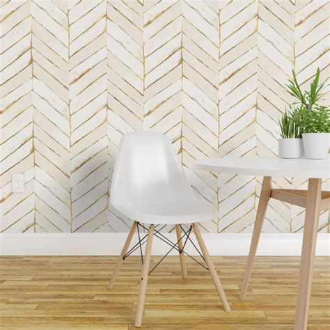 Removable Water Activated Wallpaper Chevron Gold Cream Vintage Antique